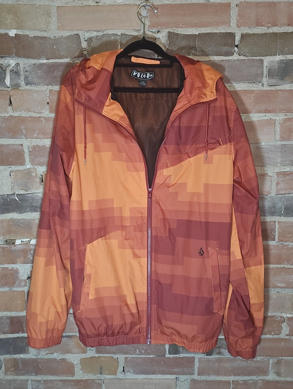 Volcom Orange & Maroon Pixel/Aztec Windbreaker - Large